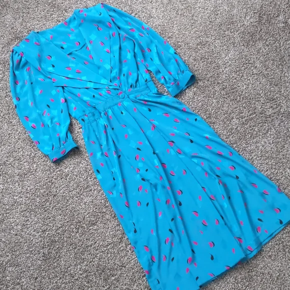 Awesome Retro 80s/90s Teal & Pink Brush Dot Collared Dress, Size 4/6 - Picture 1 of 9